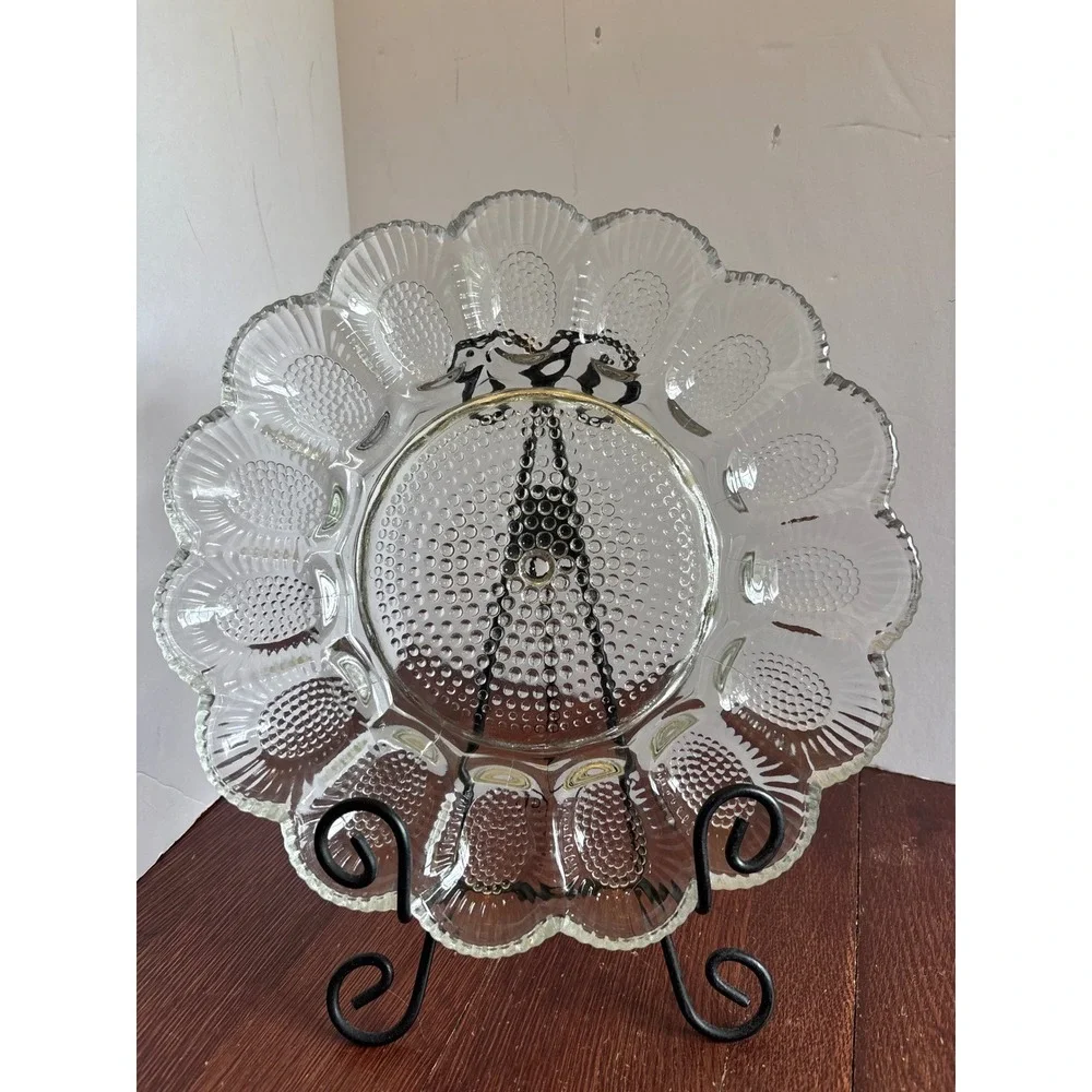 Vintage Thousand Eyes Clear Glass Deviled Egg Platter Hobnail Serving Tray 11in
